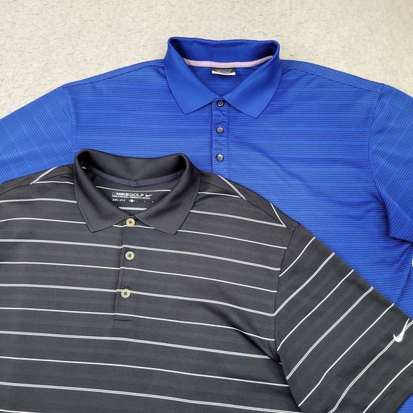 Lot of 2 Nike Golf Polo Dri Fit Shirts Mens L Blue Black Striped Short Sleeve - Picture 1 of 13